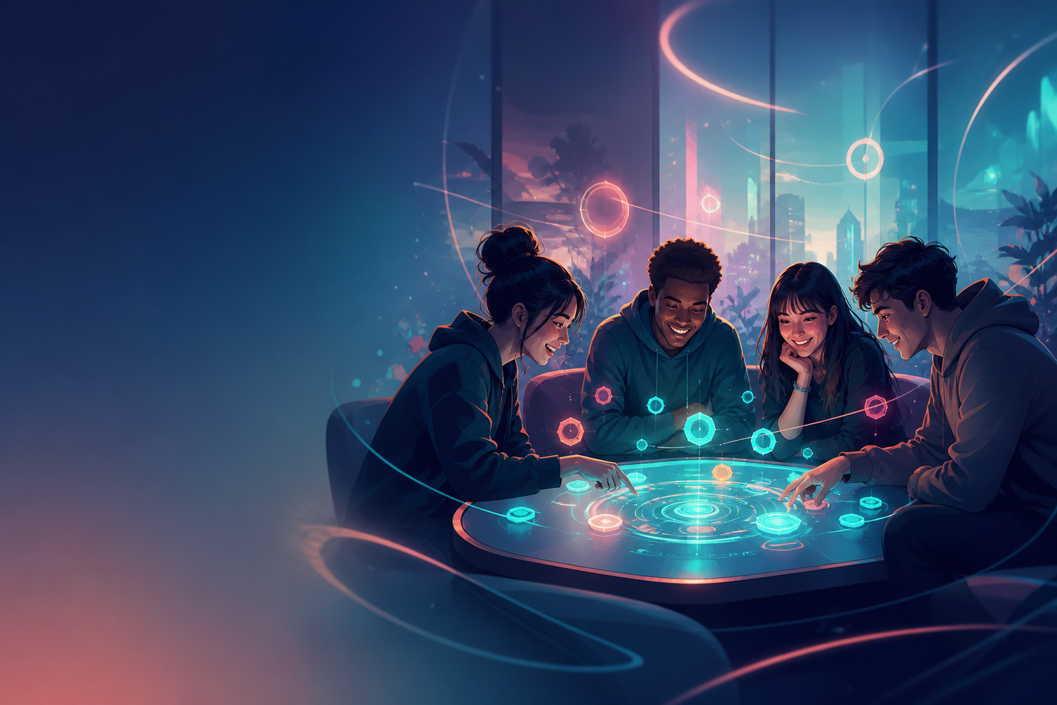 Friends sharing a glowing social gaming table with soft holographic interfaces
