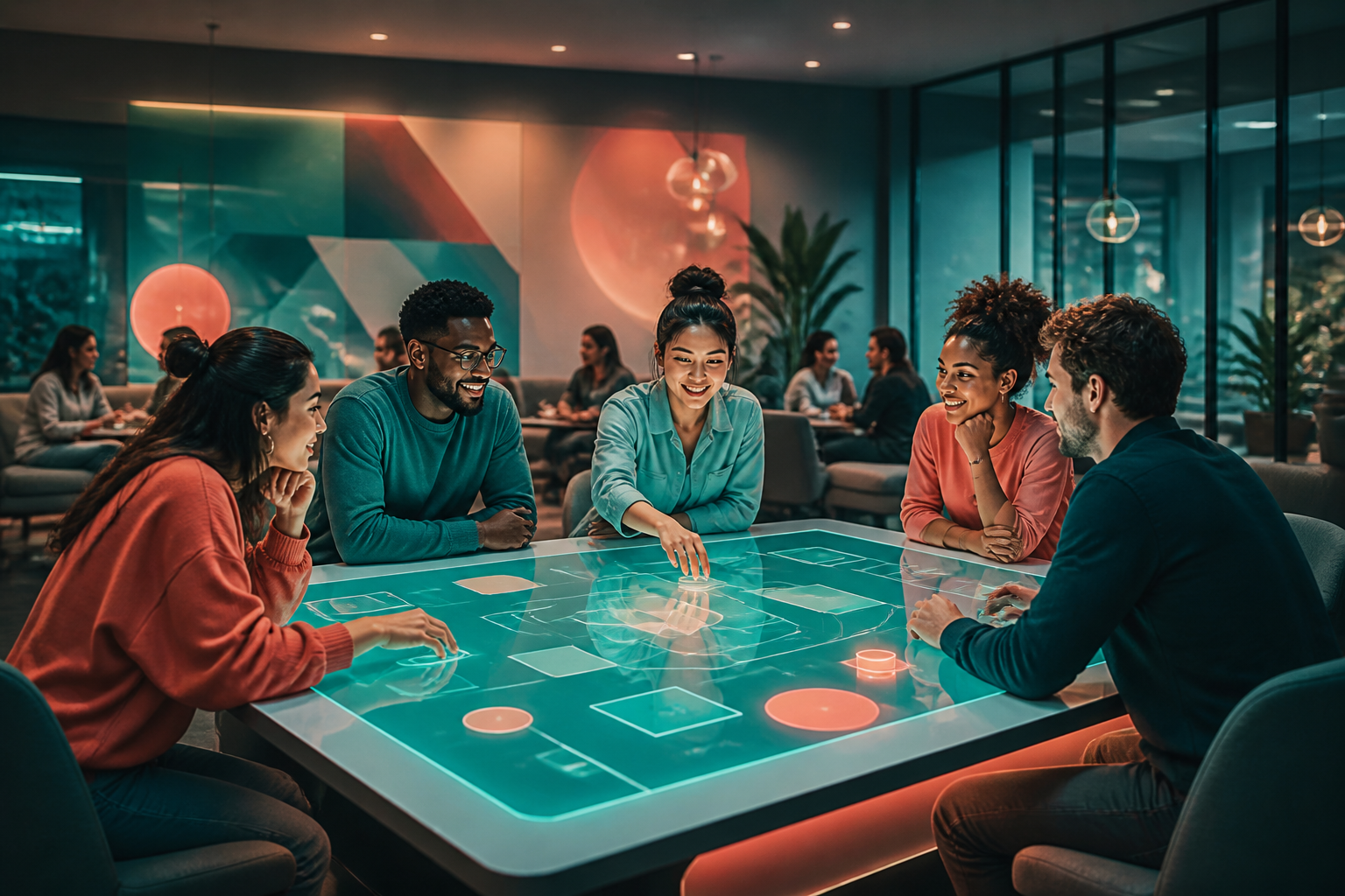 Friends gathered around a glowing social gaming table inside a modern Surtivee lounge