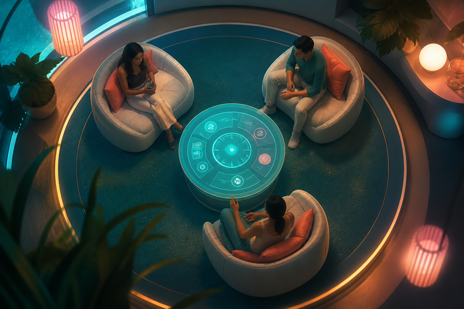 Overhead view of a luminous circular social gaming lounge on Surtivee